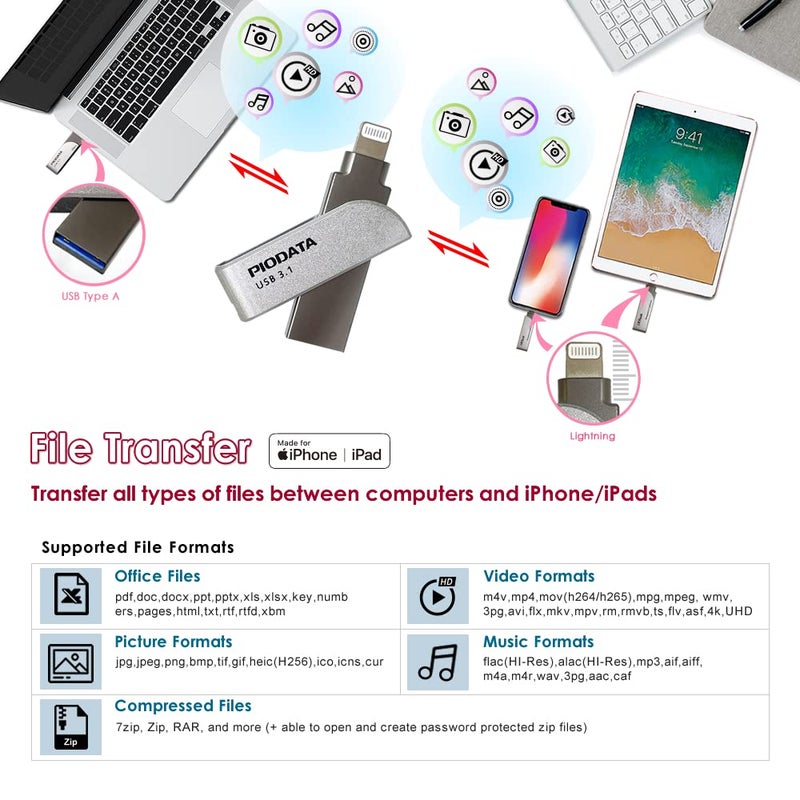PioData iXflash 64GB MFi Certified Lightning & USB Type A Flash Pen Drive for iPhone/iPad/Mac/PC External Storage Memory Photo Stick - Image 5
